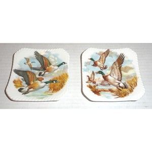 Set of 2 Royal Adderley Floral Bone China 4" Bird Duck Trinket Plates England